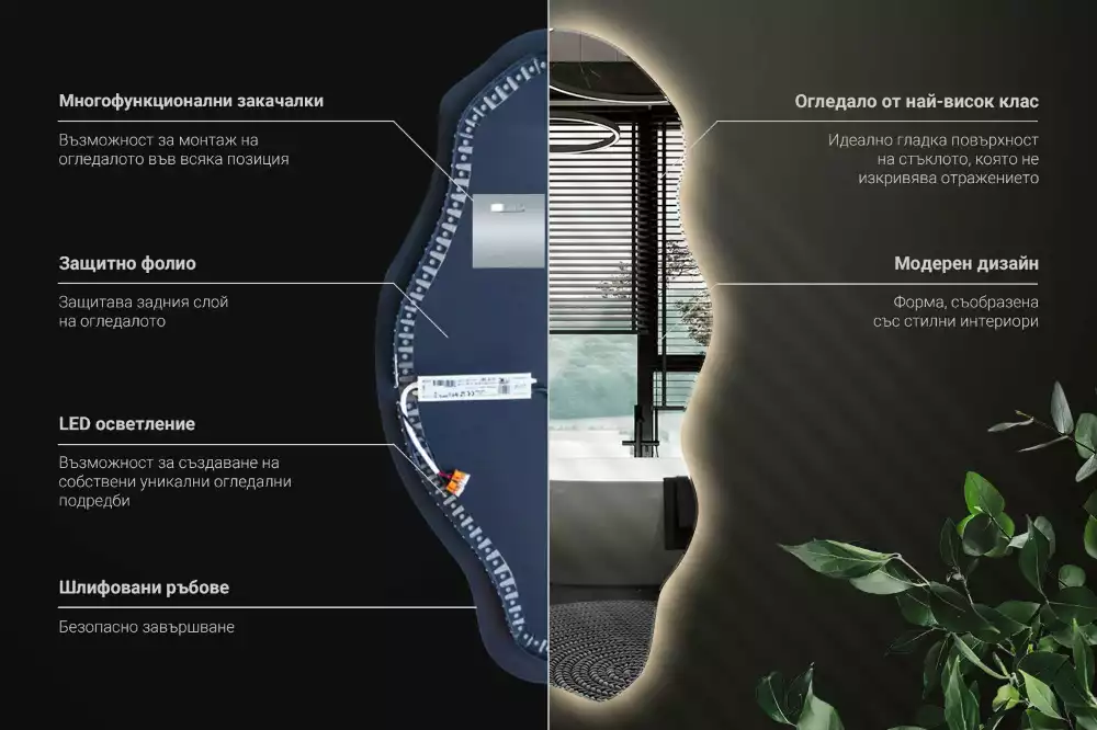 Lustro nieregularny kształt podświetlana LED plama
