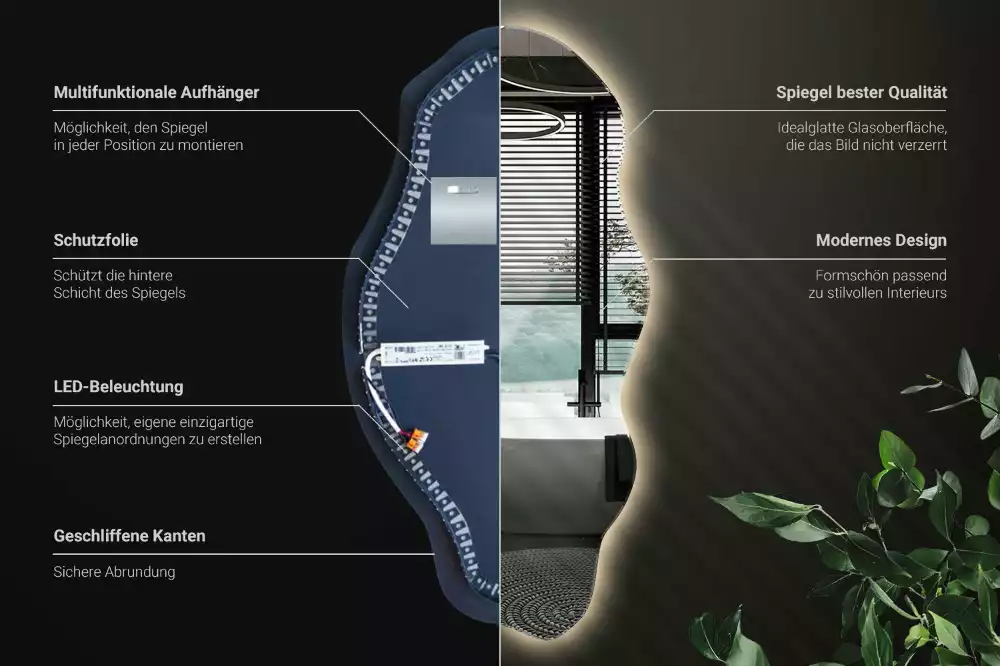Lustro nieregularny kształt podświetlana LED plama