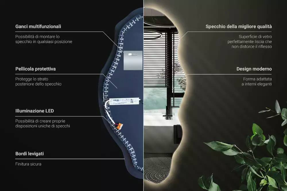 Lustro nieregularny kształt podświetlana LED plama