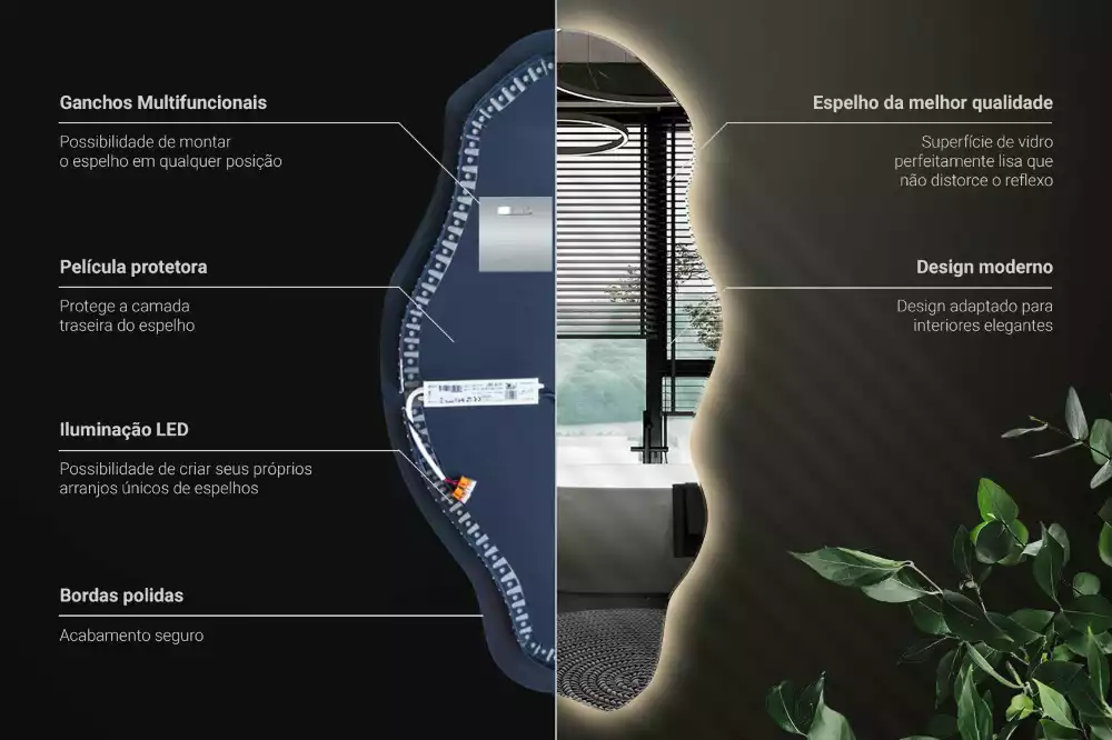 Lustro nieregularny kształt podświetlana LED plama