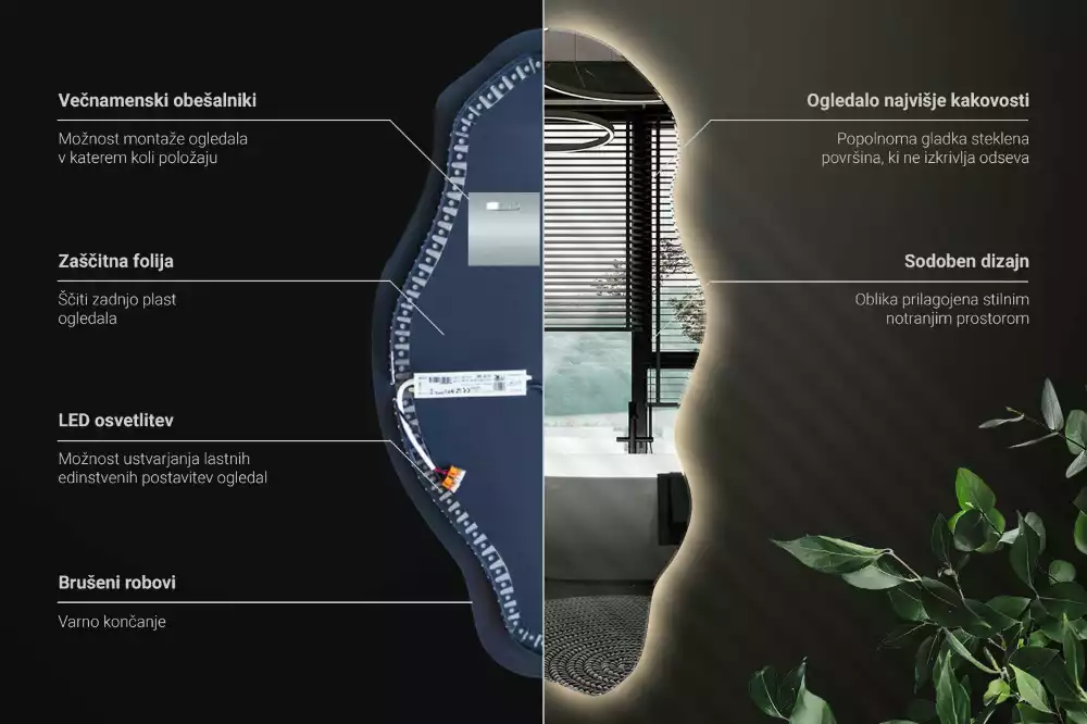 Lustro nieregularny kształt podświetlana LED plama
