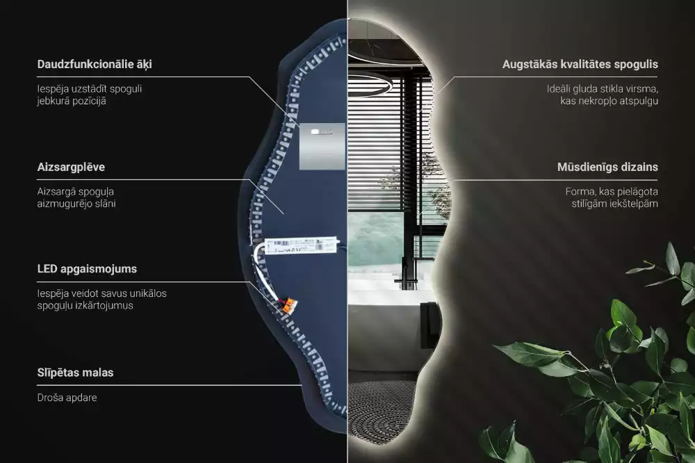 Lustro nieregularny kształt podświetlana LED plama