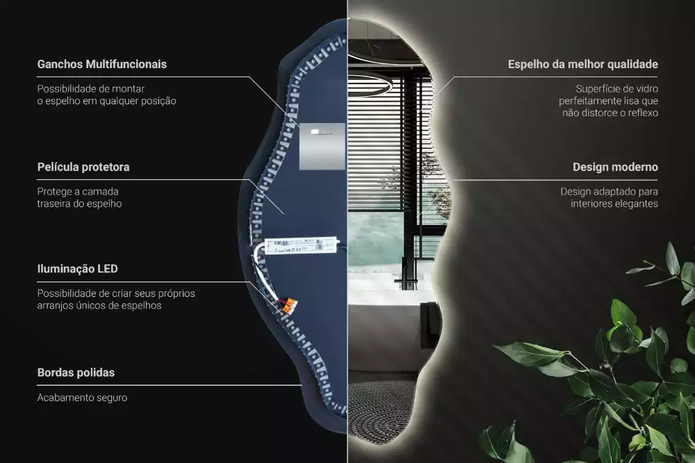 Lustro nieregularny kształt podświetlana LED plama