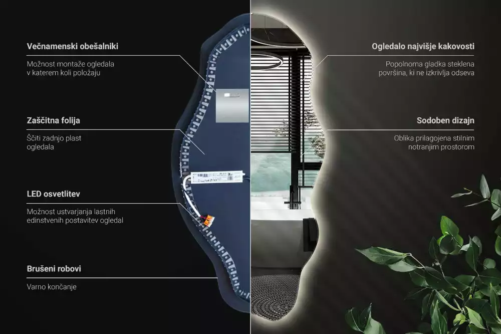 Lustro nieregularny kształt podświetlana LED plama