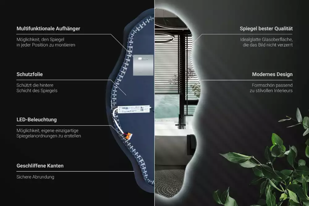 Lustro w nieregularnym kształcie z podświetleniem LED