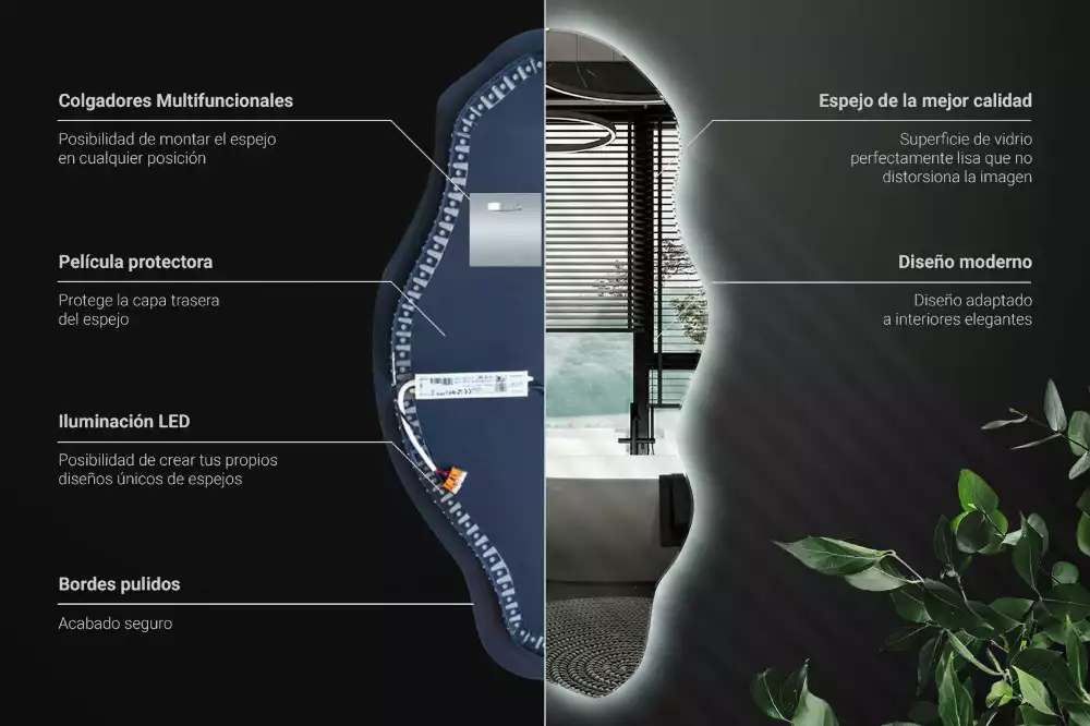 Lustro nieregularny kształt podświetlana LED plama