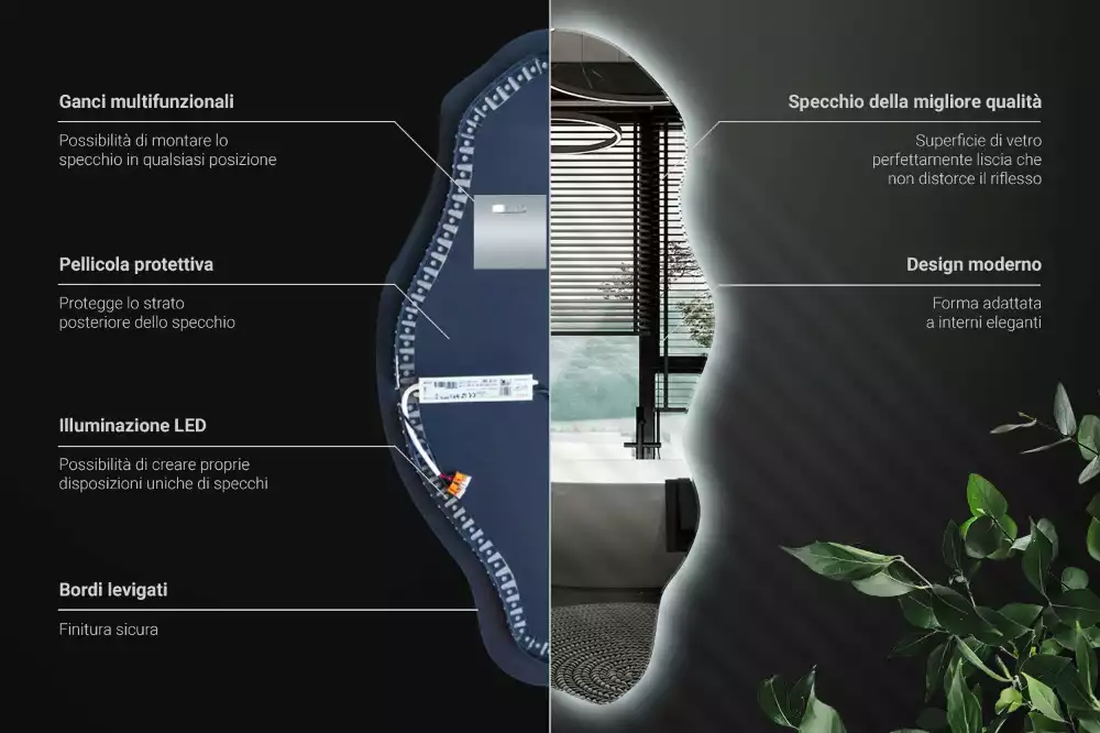 Lustro nieregularny kształt podświetlana LED plama