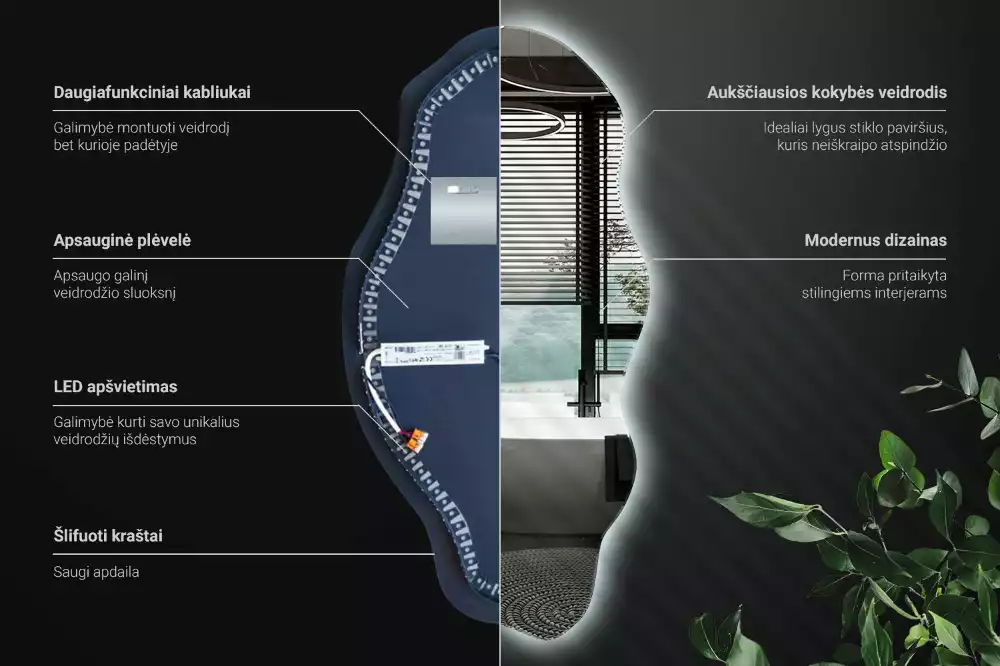 Lustro nieregularny kształt podświetlana LED plama