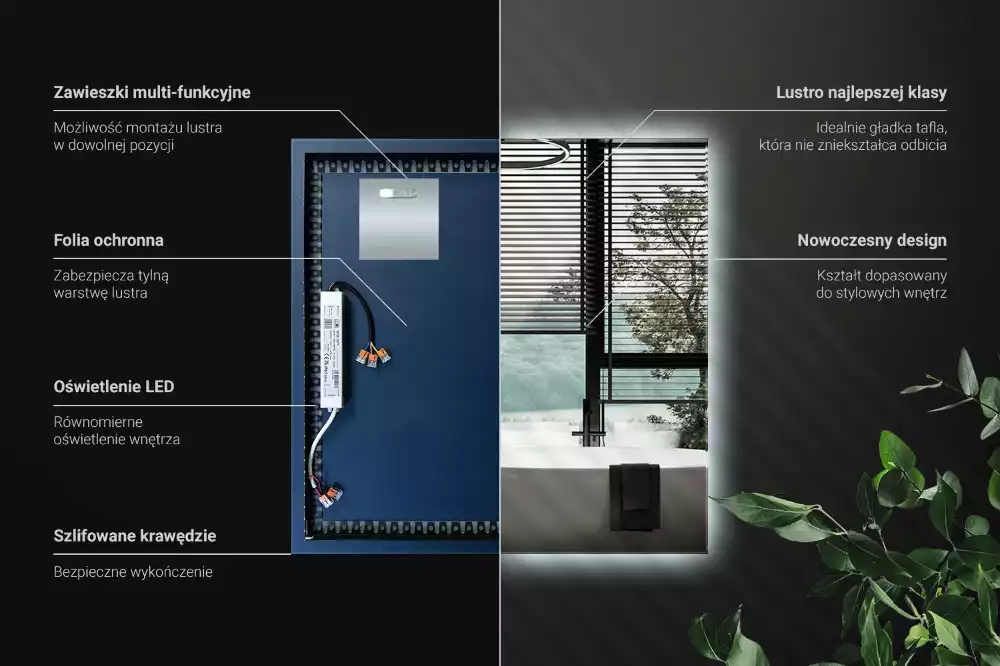 Lustro kwadratowe w nowoczesnym stylu z podświetleniem LED