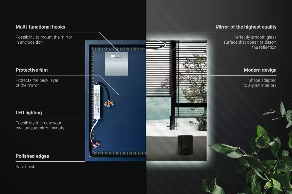 Lustro kwadratowe w nowoczesnym stylu z podświetleniem LED