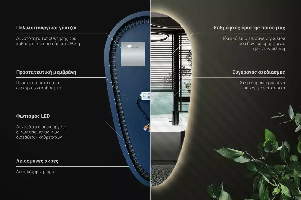 Nieregularne podświetlane lustro w kształcie kropli