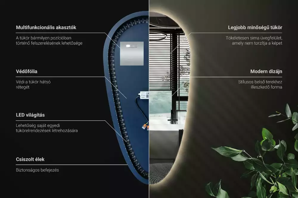 Nieregularne podświetlane lustro w kształcie kropli