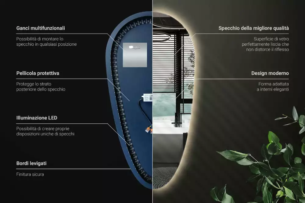 Nieregularne podświetlane lustro w kształcie kropli