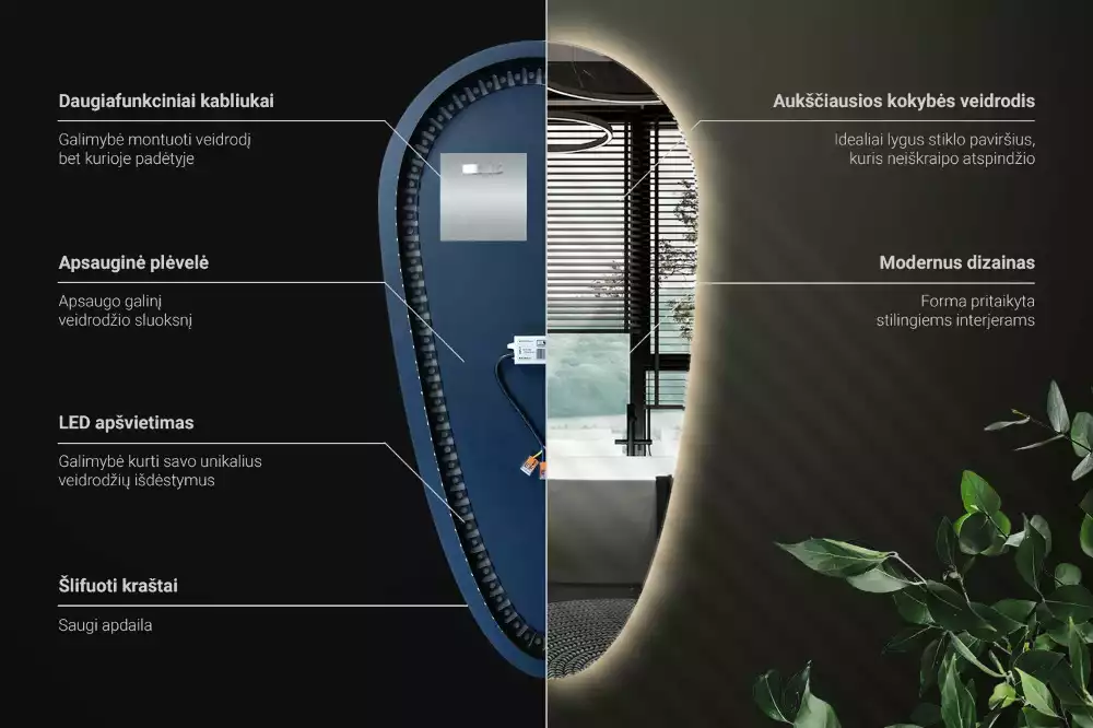 Nieregularne podświetlane lustro w kształcie kropli