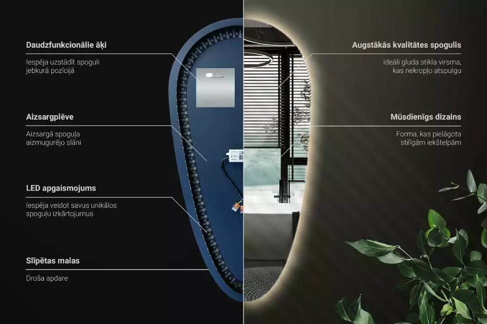 Nieregularne podświetlane lustro w kształcie kropli