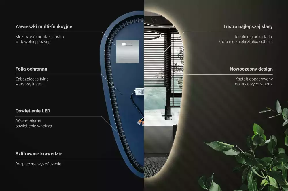 Nieregularne podświetlane lustro w kształcie kropli