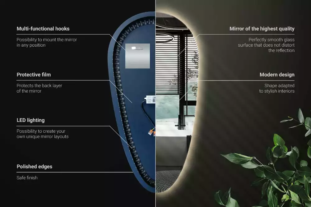 Nieregularne podświetlane lustro w kształcie kropli