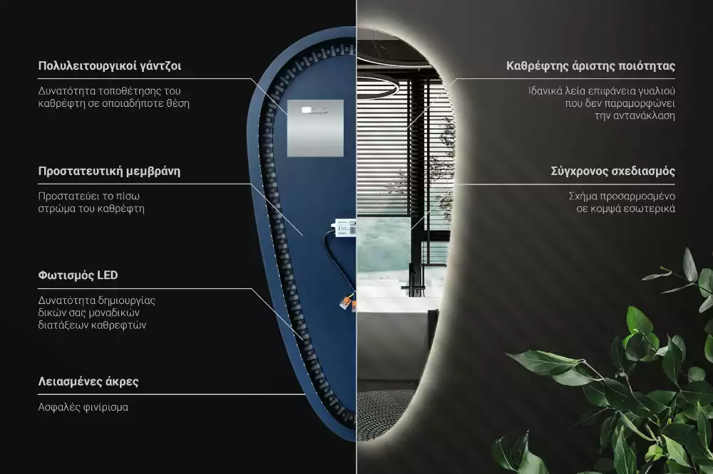 Nieregularne podświetlane lustro w kształcie kropli