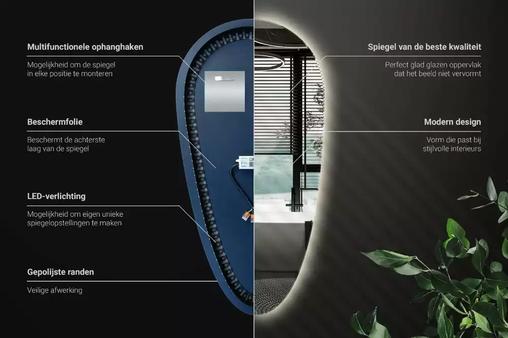 Nieregularne podświetlane lustro w kształcie kropli
