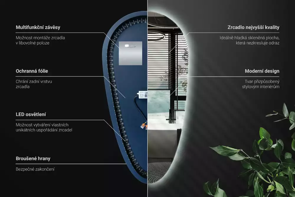 Nieregularne podświetlane lustro w kształcie kropli