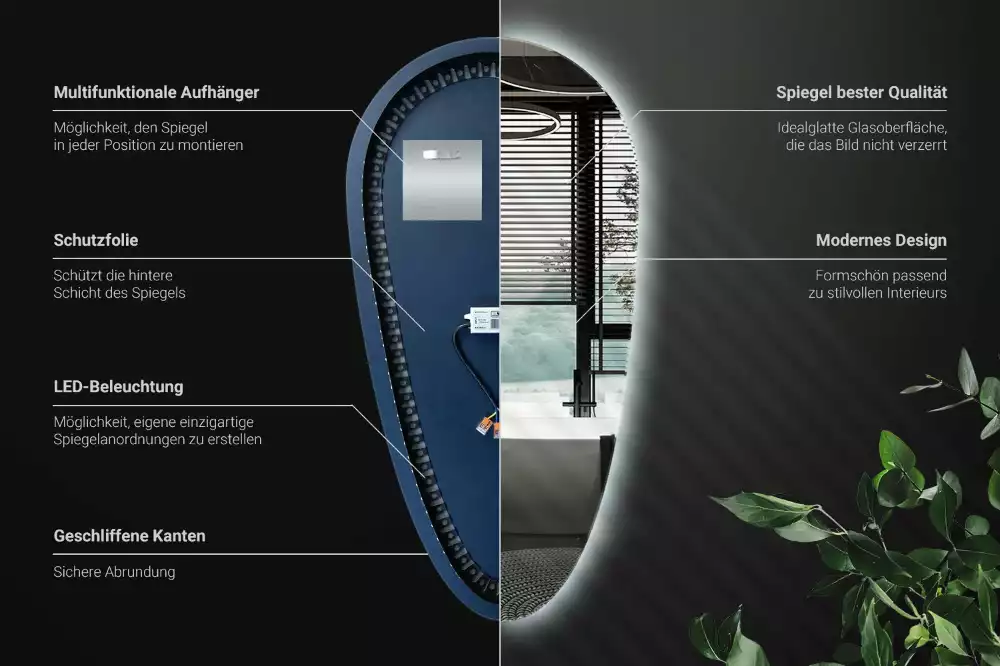 Nieregularne podświetlane lustro w kształcie kropli