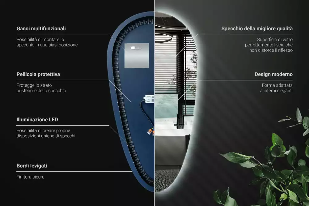 Nieregularne podświetlane lustro w kształcie kropli