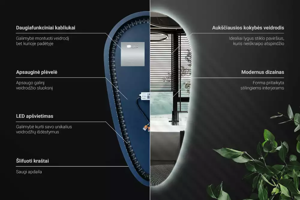 Nieregularne podświetlane lustro w kształcie kropli