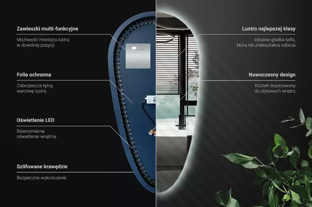 Nieregularne podświetlane lustro w kształcie kropli