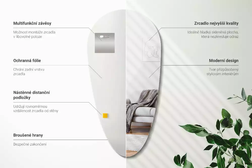 Lustro w kształcie nieregularnej kropli do zawieszenia na ścianie