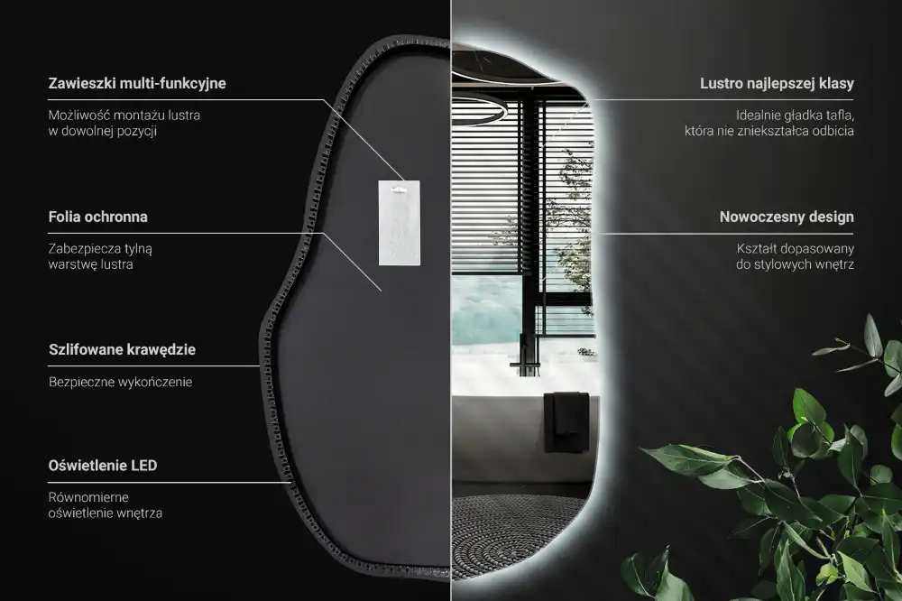 Lustro o nieregularnym kształcie z podświetleniem LED, unikatowe