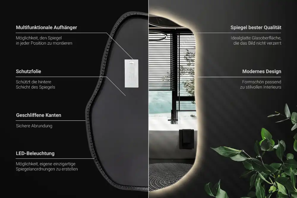 Lustro o nieregularnym kształcie z podświetleniem LED, unikatowe