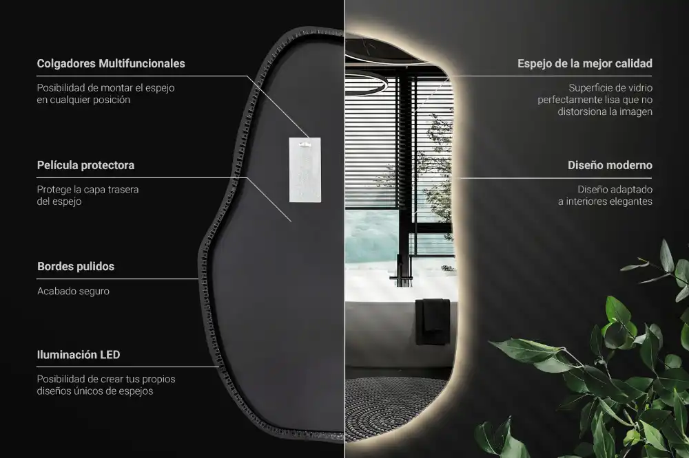 Lustro o nieregularnym kształcie z podświetleniem LED, unikatowe