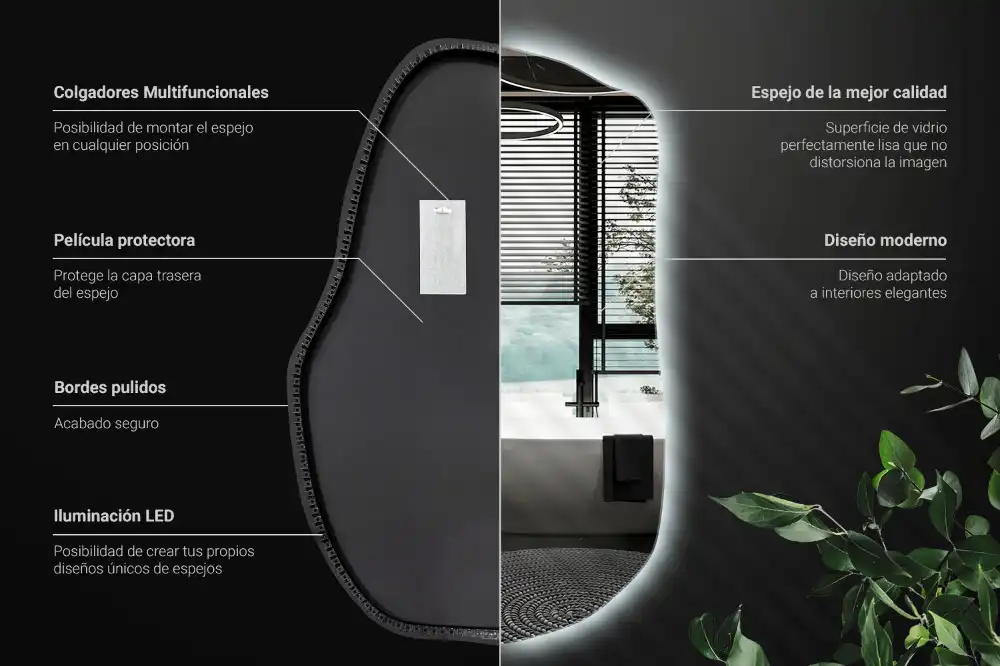 Lustro o nieregularnym kształcie z podświetleniem LED, unikatowe