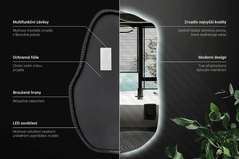 Lustro o nieregularnym kształcie z podświetleniem LED, unikatowe
