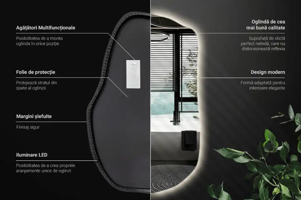 Lustro o nieregularnym kształcie z podświetleniem LED, unikatowe