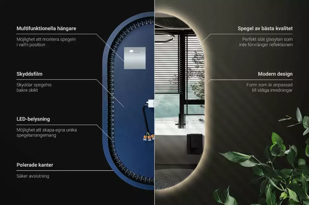 Lustro dekoracyjne o owalnym kształcie z podświetleniem, przeznaczone do zawieszenia
