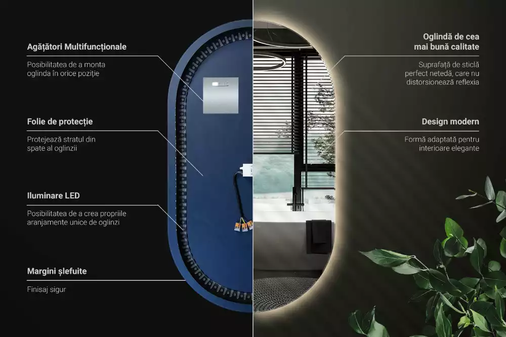 Lustro dekoracyjne o owalnym kształcie z podświetleniem, przeznaczone do zawieszenia