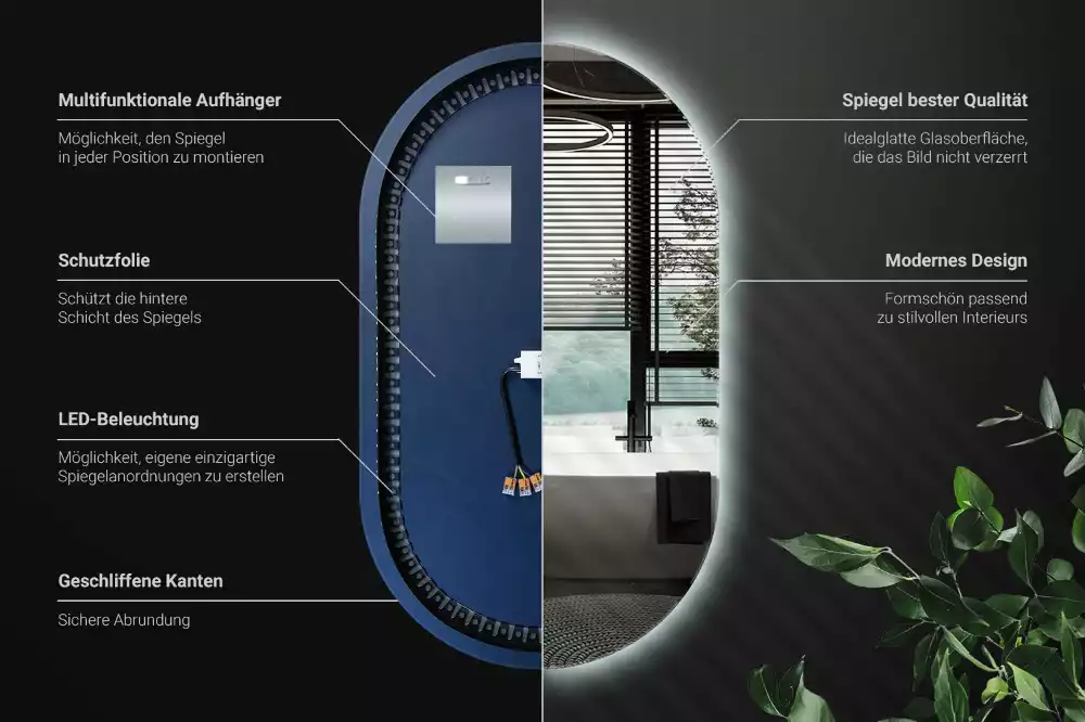 Lustro dekoracyjne o owalnym kształcie z podświetleniem, przeznaczone do zawieszenia