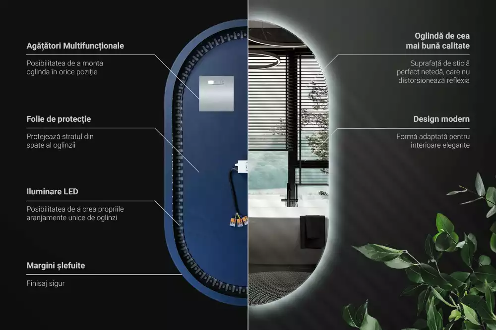 Lustro dekoracyjne o owalnym kształcie z podświetleniem, przeznaczone do zawieszenia