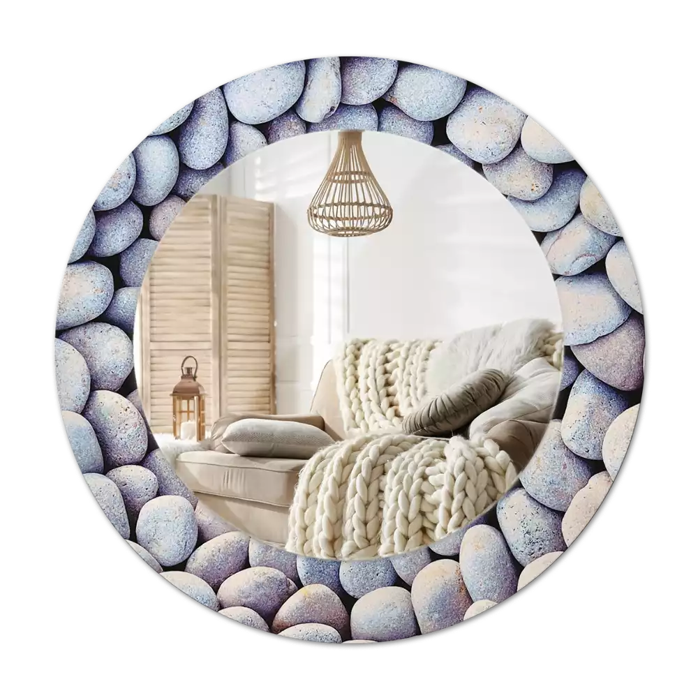 Lustro z drukowaną ramką z motywem kamieni morskich, o kształcie koła