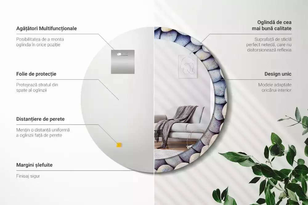 Lustro z drukowaną ramką z motywem kamieni morskich, o kształcie koła