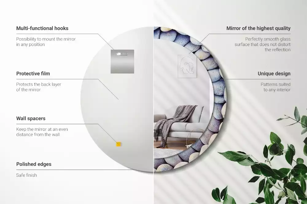 Lustro z drukowaną ramką z motywem kamieni morskich, o kształcie koła