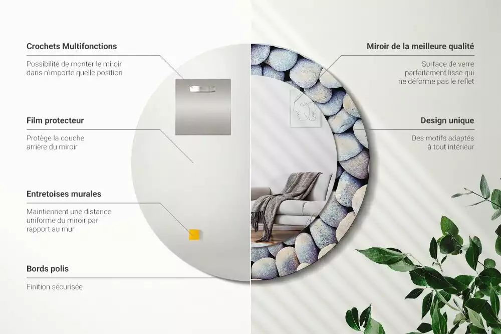 Lustro z drukowaną ramką z motywem kamieni morskich, o kształcie koła