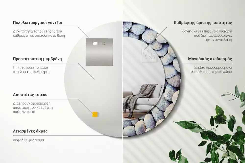 Lustro z drukowaną ramką z motywem kamieni morskich, o kształcie koła