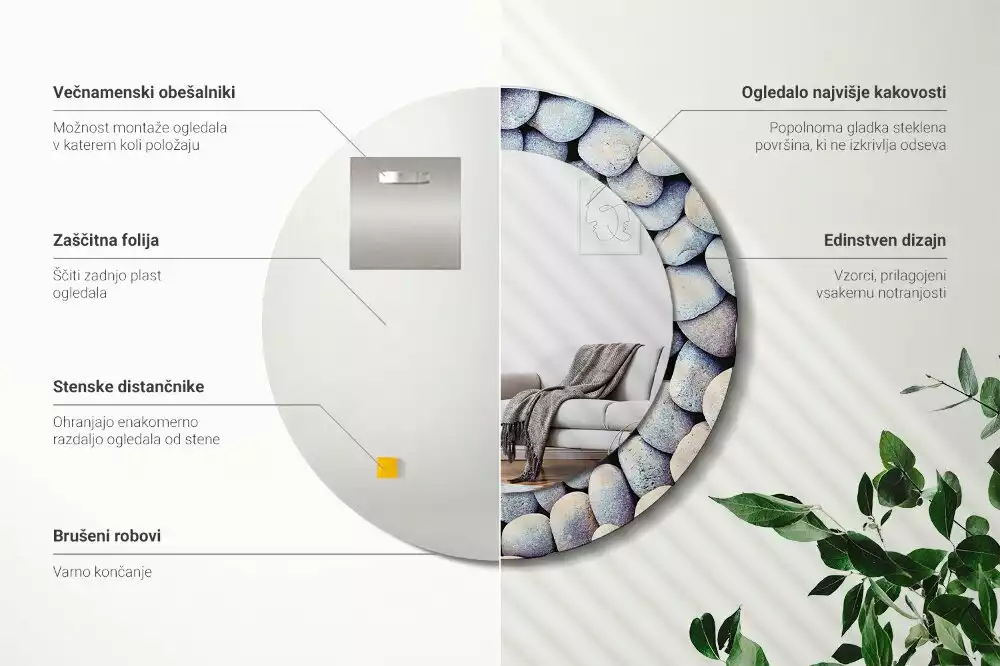 Lustro z drukowaną ramką z motywem kamieni morskich, o kształcie koła