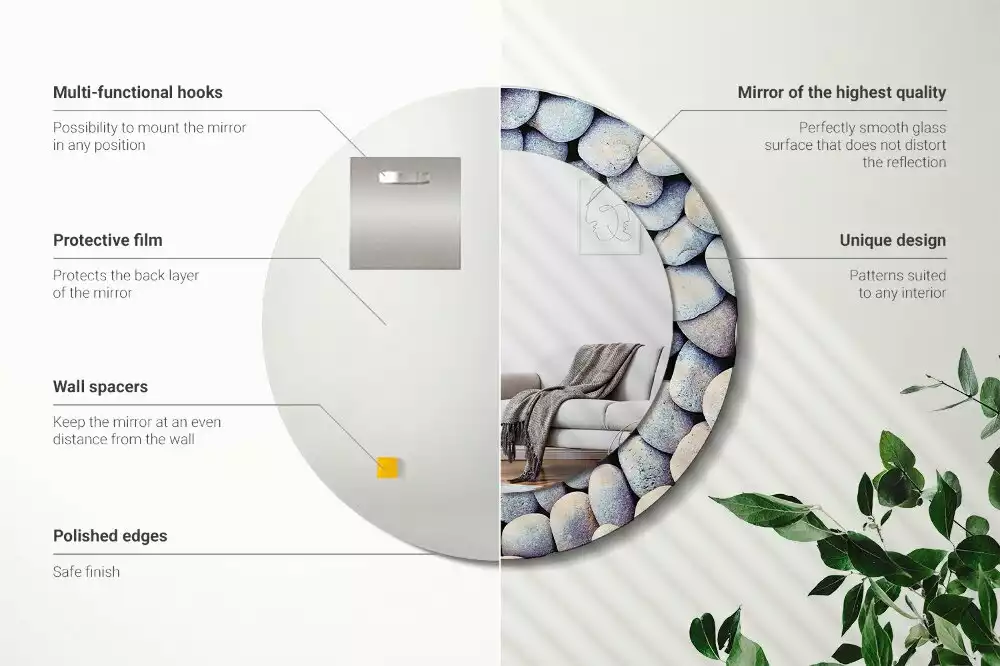 Lustro z drukowaną ramką z motywem kamieni morskich, o kształcie koła