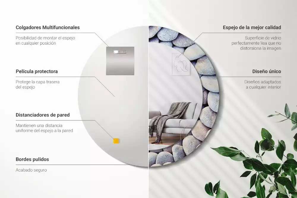 Lustro z drukowaną ramką z motywem kamieni morskich, o kształcie koła