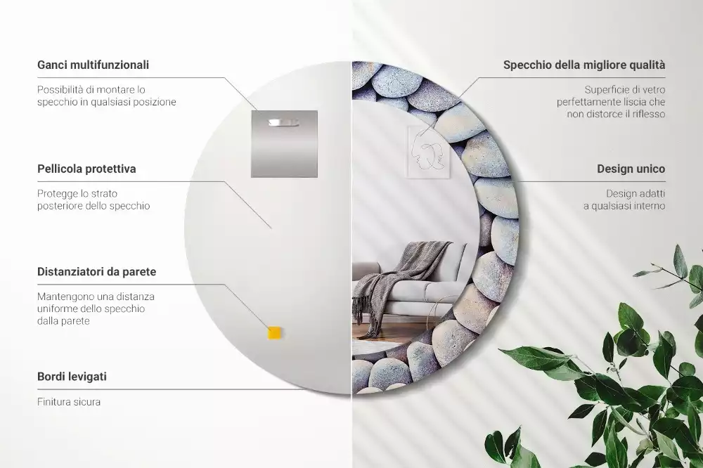 Lustro z drukowaną ramką z motywem kamieni morskich, o kształcie koła