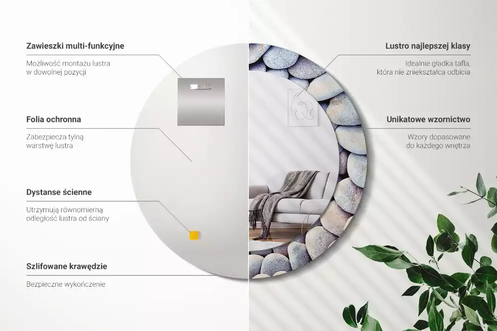 Lustro z drukowaną ramką z motywem kamieni morskich, o kształcie koła