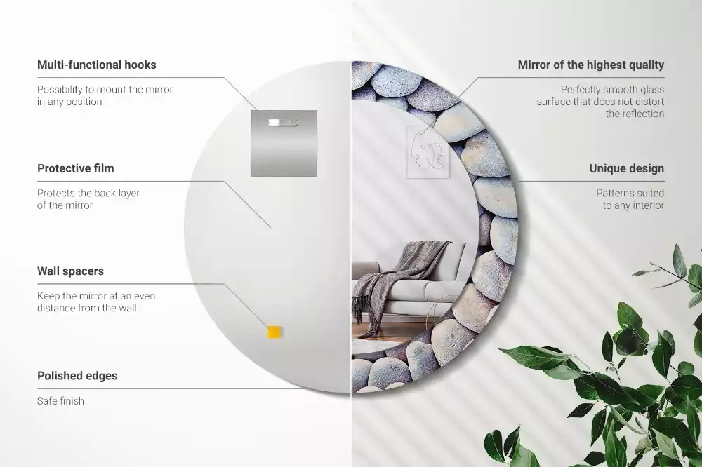 Lustro z drukowaną ramką z motywem kamieni morskich, o kształcie koła